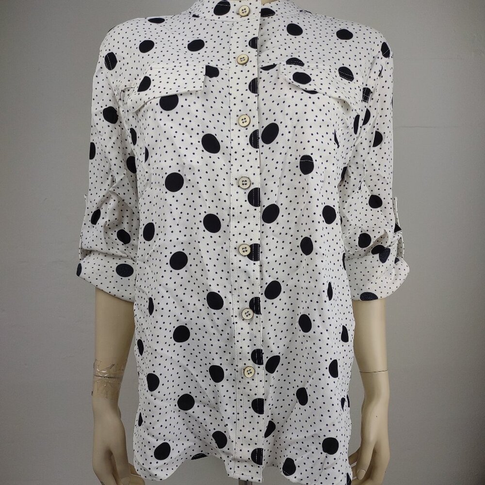 Karl Lagerfeld Paris black white polka dot tabbed sleeve blouse top Medium